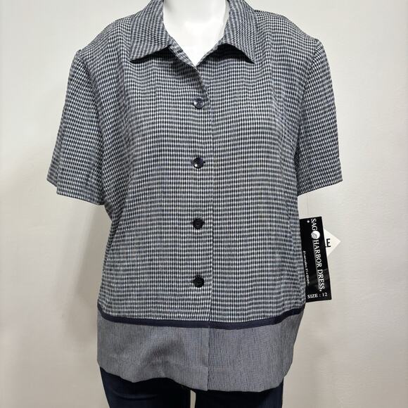 NWT Dead stock Vintage Sag Harbor Blouse Short Sleeve Blue Tan Checkered Sz 12 - Picture 1 of 6